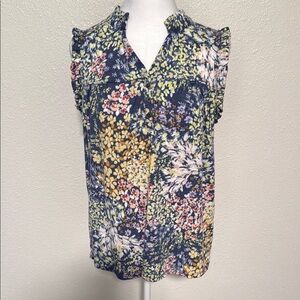 Maurices Blue Pink Ruffled Floral Mandarin Collar Blouse Size L